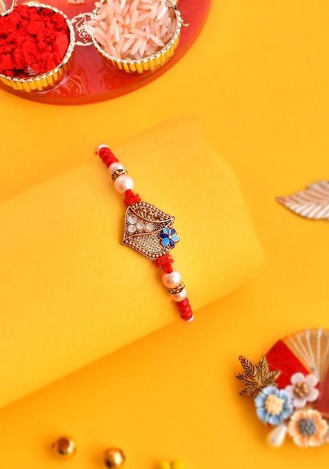 Gold Toned Stone Studded And Beaded Rakhi With Roli Chawal And Greeting Card