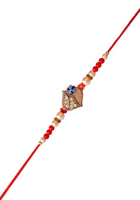 Gold Toned Stone Studded And Beaded Rakhi With Roli Chawal And Greeting Card