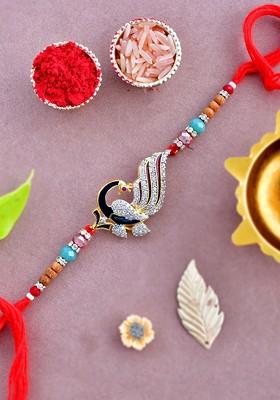 White American Diamond Studded And Beaded Rakhi With Roli Chawal And Greeting Card
