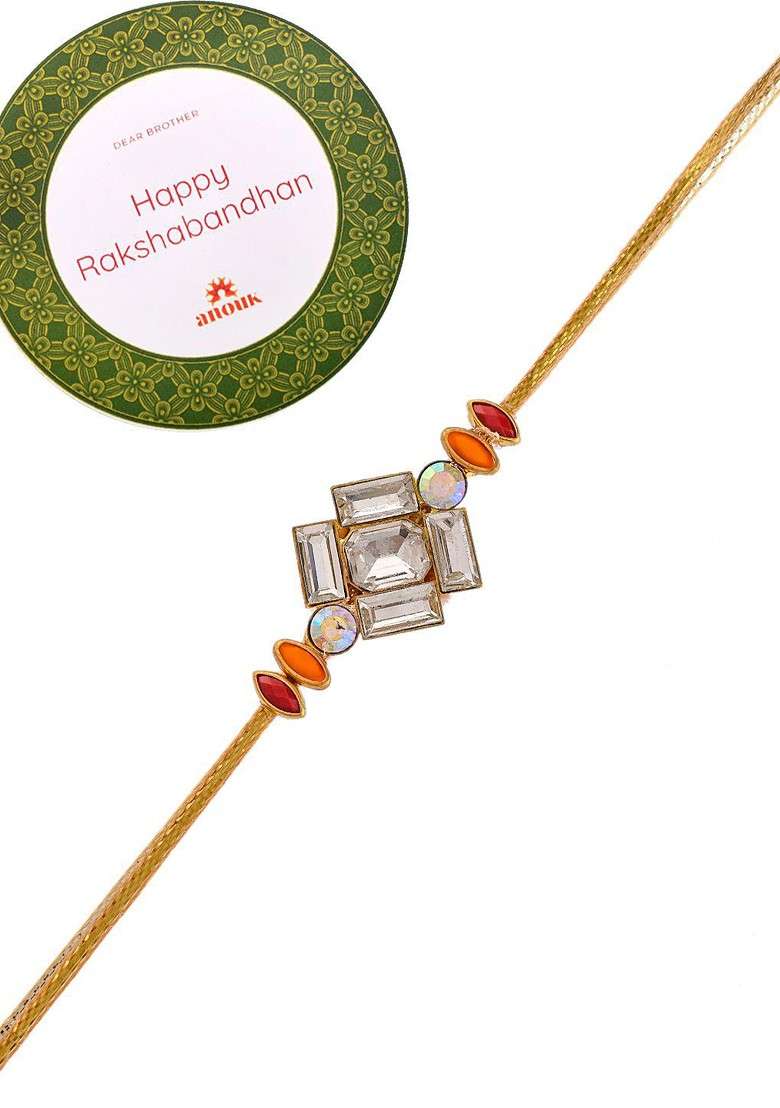 Gold Toned American Diamond Stone Studded Rakhi With Roli Chawal And Greeting Card - Indya