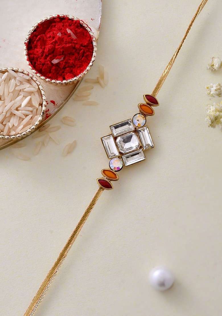 Gold Toned American Diamond Stone Studded Rakhi With Roli Chawal And Greeting Card - Indya