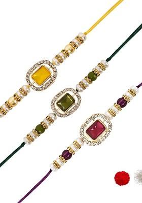 Set Of 3 Thread Rakhi With Roli Chawal And Greeting Card
