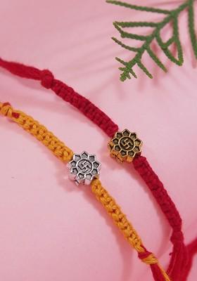 Set Of 2 Swastik Om Thread Rakhis With Roli Chawal And Rakshabandhan Card