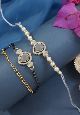 Kundan Studded Bhaiya Bhabhi Thread Rakhi With Roli Chawal And Greeting Card