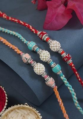 Set Of 3 Pearl Beaded Rakhi With Roli Chawal And Greeting Card