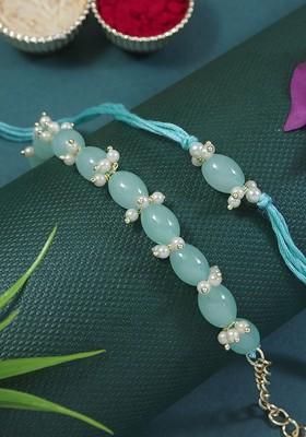 Kundan And Pearl Beaded Thread Bhaiya Bhabhi Rakhi With Roli Chawal And Card