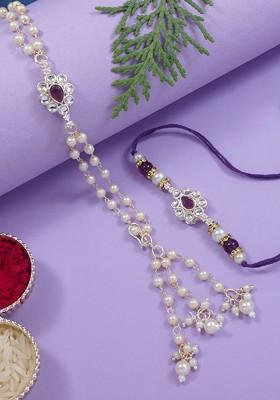 Pearl Beaded Bhaiya Bhabhi Lumba Rakhi With Roli Chawal And Greeting Card