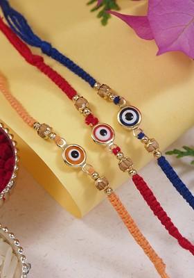 Set Of 3 Evil Eye Beaded Rakhis With Roli Chawal And Greeting Card