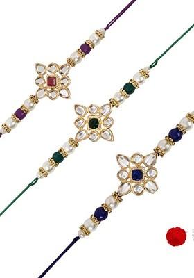 Set Of 3 Kundan Studded And Beaded Thread Rakhi With Roli Chawal And Greeting Card