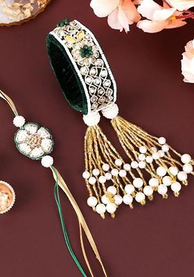 Beaded Gold Plated Bhaiya Bhabhi Rakhis With Roli Chawal