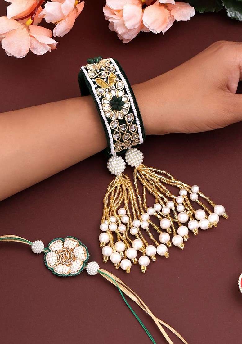 Beaded Gold Plated Bhaiya Bhabhi Rakhis With Roli Chawal - Indya