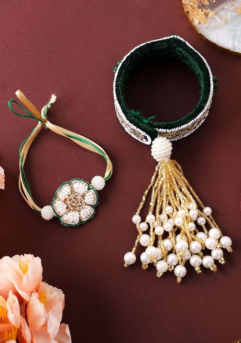 Beaded Gold Plated Bhaiya Bhabhi Rakhis With Roli Chawal - Indya