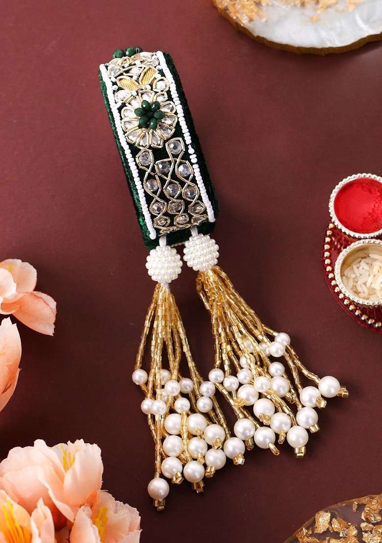 Beaded Gold Plated Bhaiya Bhabhi Rakhis With Roli Chawal - Indya