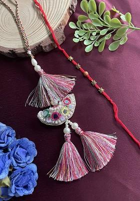 Set Of 2 Tortoise/Mirror Work Beaded Latkan Lumba Rakhis