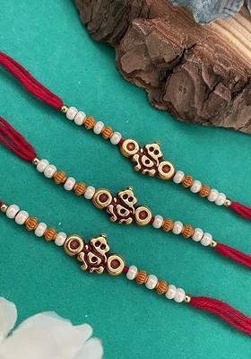 Set Of 3 Pearls Beaded Lord Ganesha Thread Rakhis