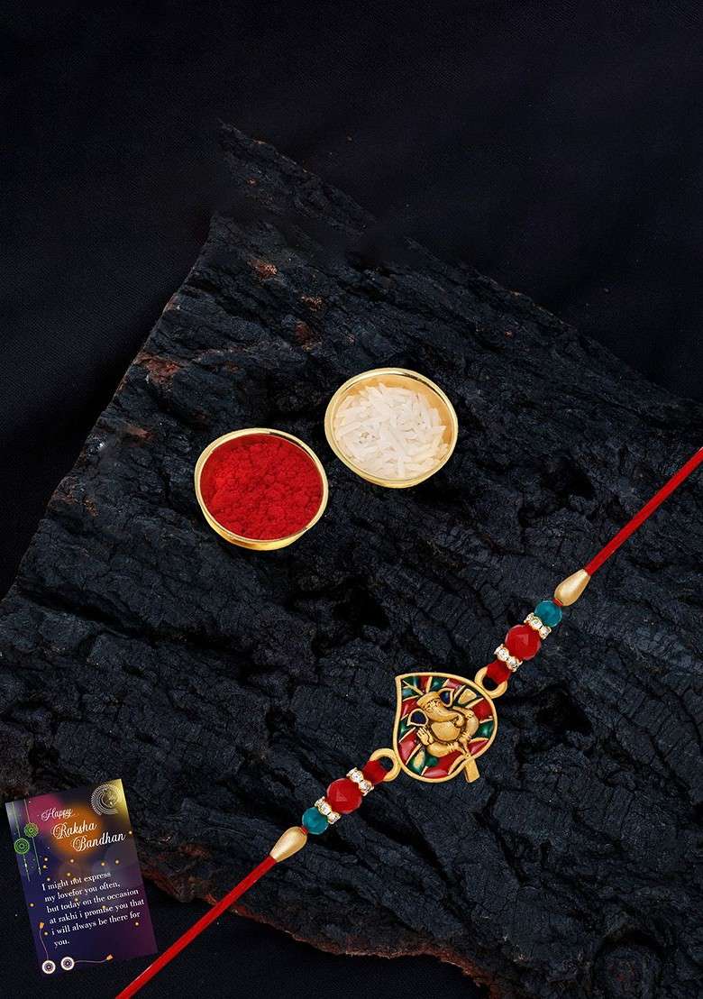 Lord Ganesha Bhaiya Thread Rakhi With Roli Chawal And Greeting Card - Indya