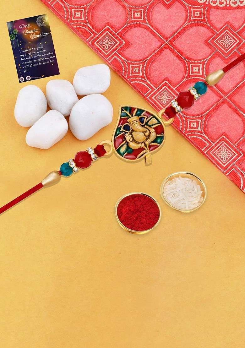 Lord Ganesha Bhaiya Thread Rakhi With Roli Chawal And Greeting Card - Indya