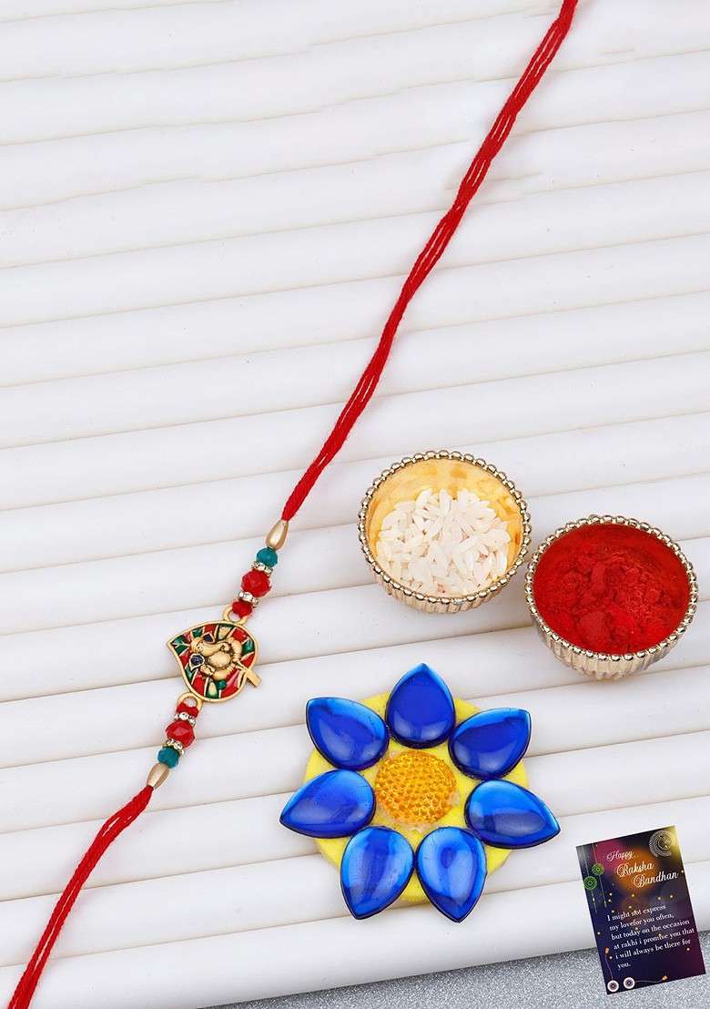 Lord Ganesha Bhaiya Thread Rakhi With Roli Chawal And Greeting Card - Indya