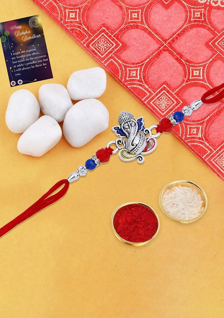 Beaded Lord Ganesh Rakhi With Roli Chawal And Greeting Card