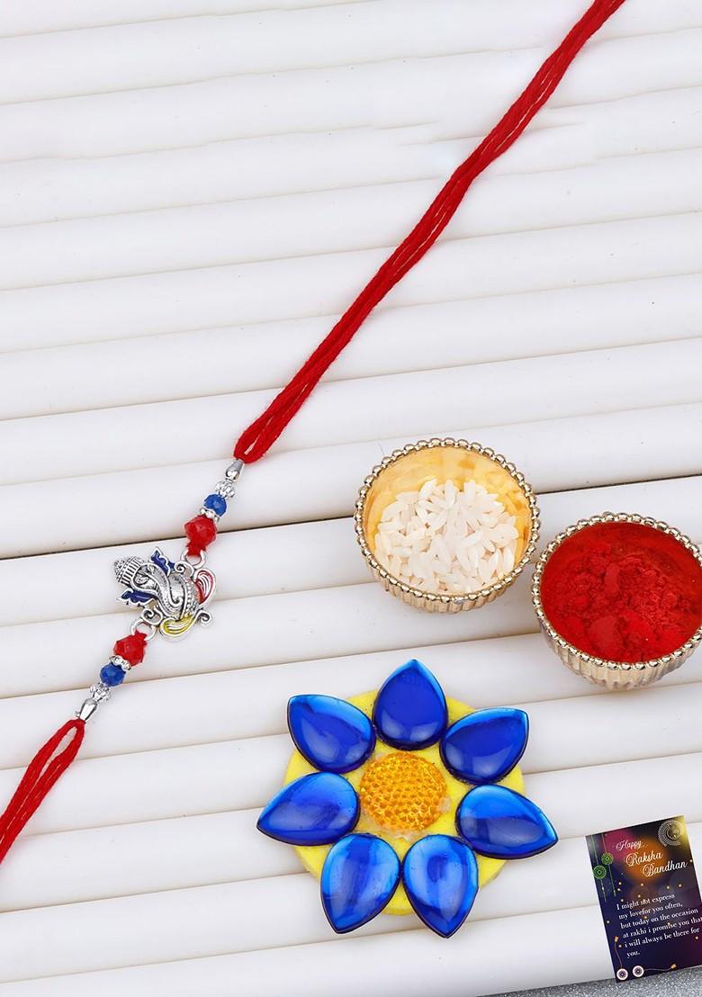 Beaded Lord Ganesh Rakhi With Roli Chawal And Greeting Card