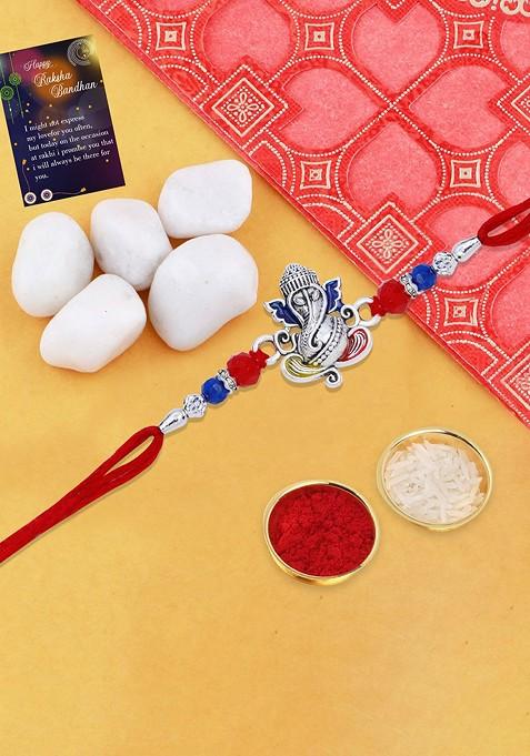 Beaded Lord Ganesh Rakhi With Roli Chawal And Greeting Card