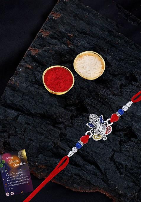 Beaded Lord Ganesh Rakhi With Roli Chawal And Greeting Card