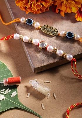 Unisex Set Of 2 Beaded Bhai Bhabhi Rakhis With Roli And Chawal