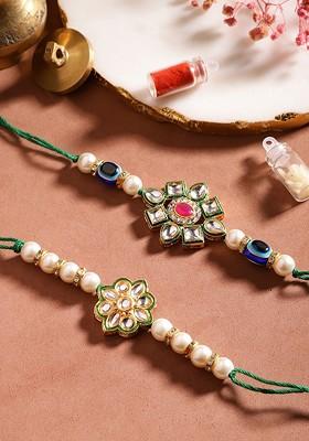 Unisex Set Of 2 Beaded Bhai Bhabhi Rakhis With Roli And Chawal