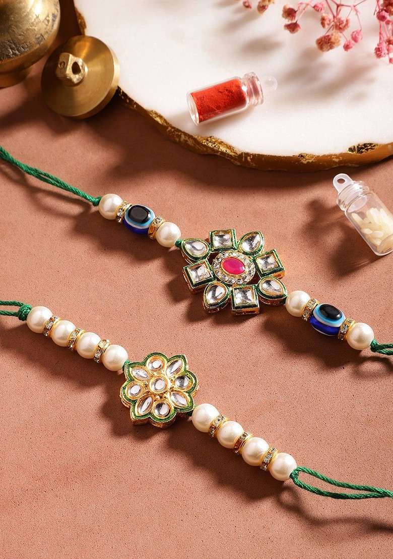 Unisex Set Of 2 Beaded Bhai Bhabhi Rakhis With Roli And Chawal - Indya