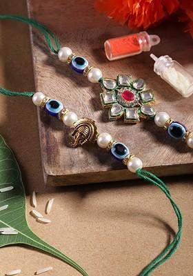 Unisex Set Of 2 Beaded Bhai Bhabhi Rakhis With Roli And Chawal