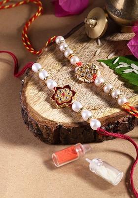 Unisex Set Of 2 Beaded Bhai Bhabhi Rakhis With Roli And Chawal