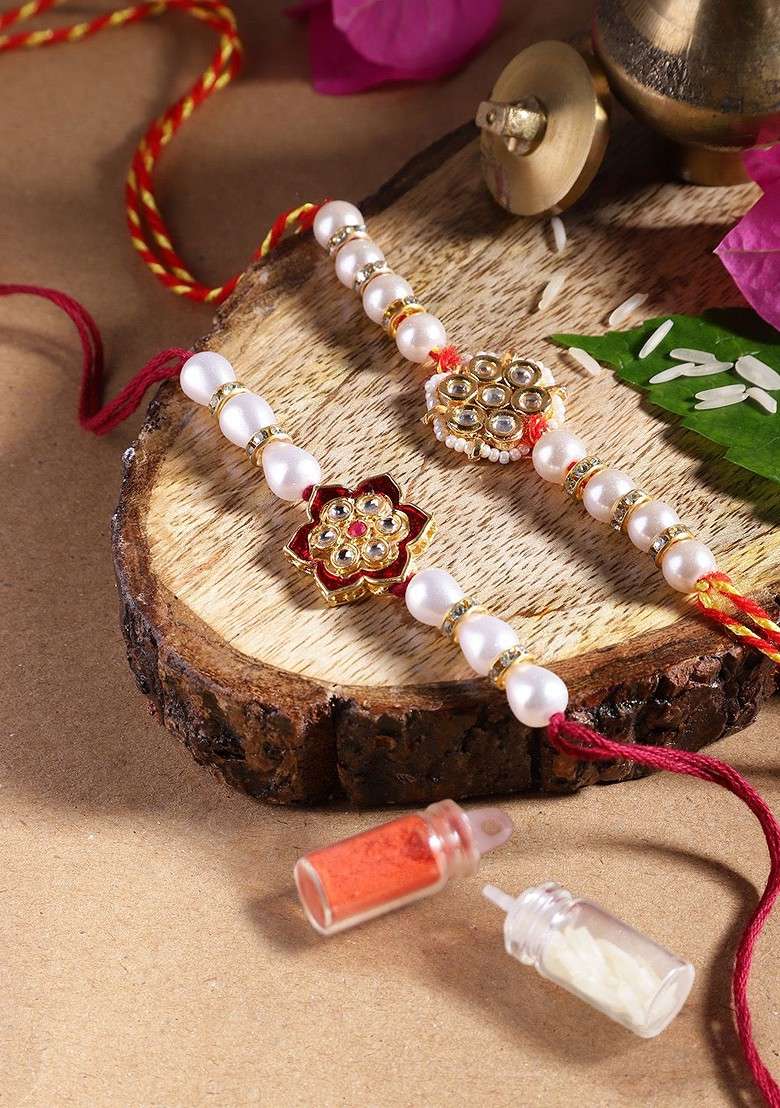 Unisex Set Of 2 Beaded Bhai Bhabhi Rakhis With Roli And Chawal - Indya