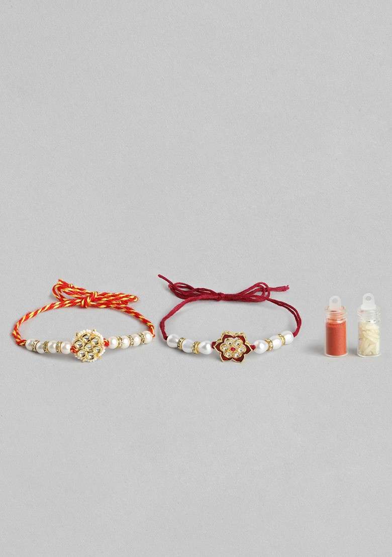 Unisex Set Of 2 Beaded Bhai Bhabhi Rakhis With Roli And Chawal - Indya