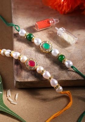 Unisex Set Of 2 Beaded Bhai Bhabhi Rakhis With Roli And Chawal