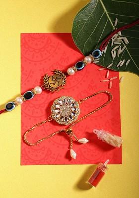 Unisex Set Of 2 Beaded Bhai Bhabhi Rakhis With Roli And Chawal