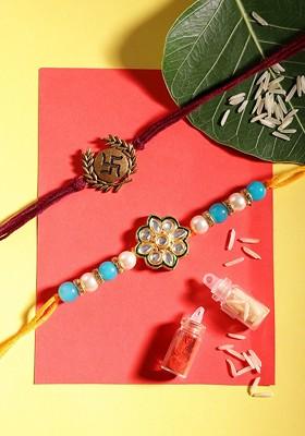 Unisex Set Of 2 Beaded Bhai Bhabhi Rakhis With Roli And Chawal
