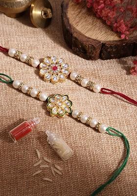 Unisex Set Of 2 Beaded Bhai Bhabhi Rakhis With Roli And Chawal