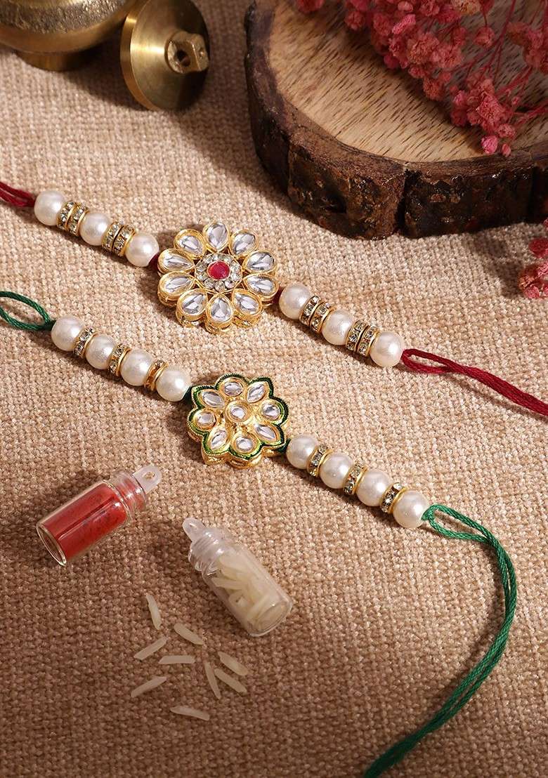 Unisex Set Of 2 Beaded Bhai Bhabhi Rakhis With Roli And Chawal - Indya