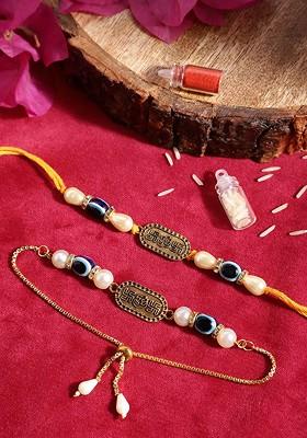 Unisex Set Of 2 Beaded Bhai Bhabhi Rakhis With Roli And Chawal
