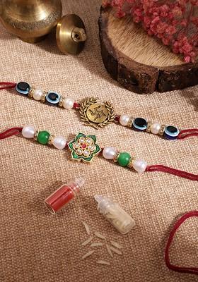Unisex Set Of 2 Beaded Bhai Bhabhi Rakhis With Roli And Chawal
