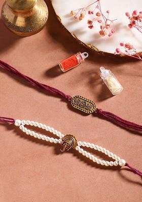 Unisex Set Of 2 Beaded Bhai Bhabhi Rakhis With Roli And Chawal