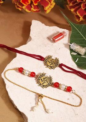 Unisex Set Of 2 Beaded Bhai Bhabhi Rakhis With Roli And Chawal