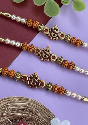 Set Of 3 Pearls Beaded Lord Ganesha Thread Rakhis