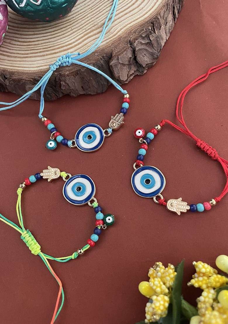Set Of 3 Evil Eye Beaded Thread Rakhis - Indya