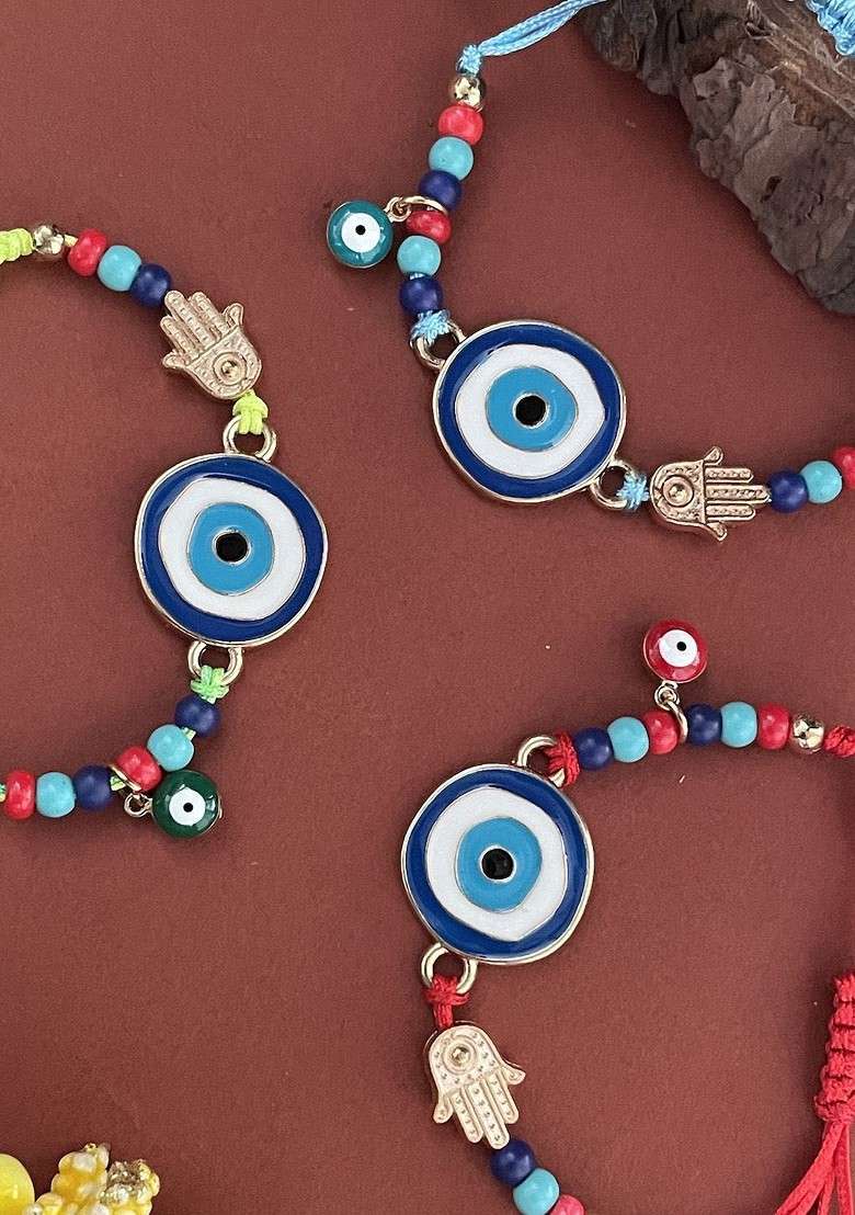 Set Of 3 Evil Eye Beaded Thread Rakhis - Indya