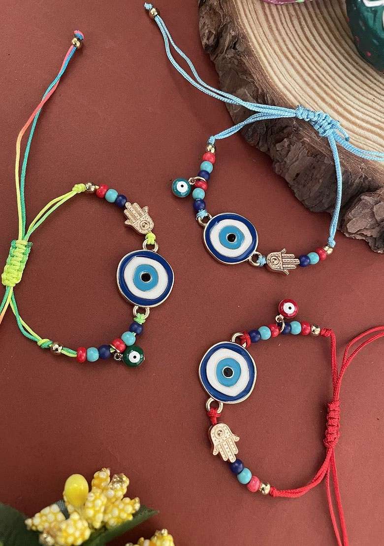 Set Of 3 Evil Eye Beaded Thread Rakhis - Indya