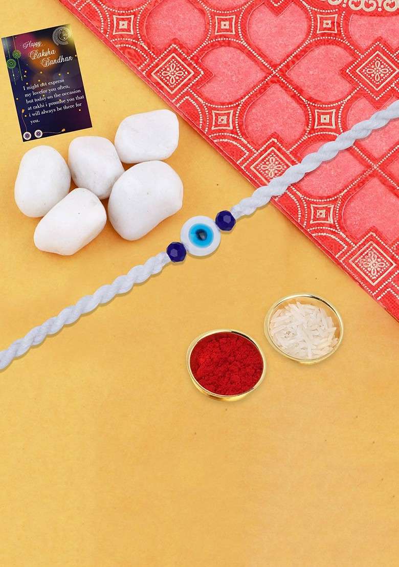 Evil Eye Beaded Rakhi With Roli Chawal And Greeting Card - Indya