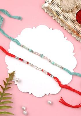 Set Of 2 Beaded Rakhi With Roli Chawal And Greeting Card