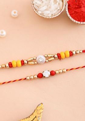 Set Of 2 Pearl Beaded Rakhi With Roli Chawal And Card