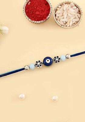 Evil Eye Floral Beaded Thread Rakhi With Roli Chawal And Greeting Card